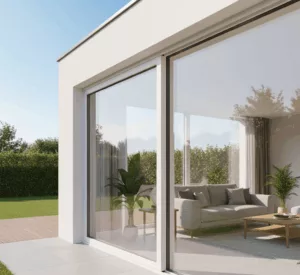 Fenêtre coulissante PVC moderne avec cadre blanc, installée dans une maison, isolante et esthétique