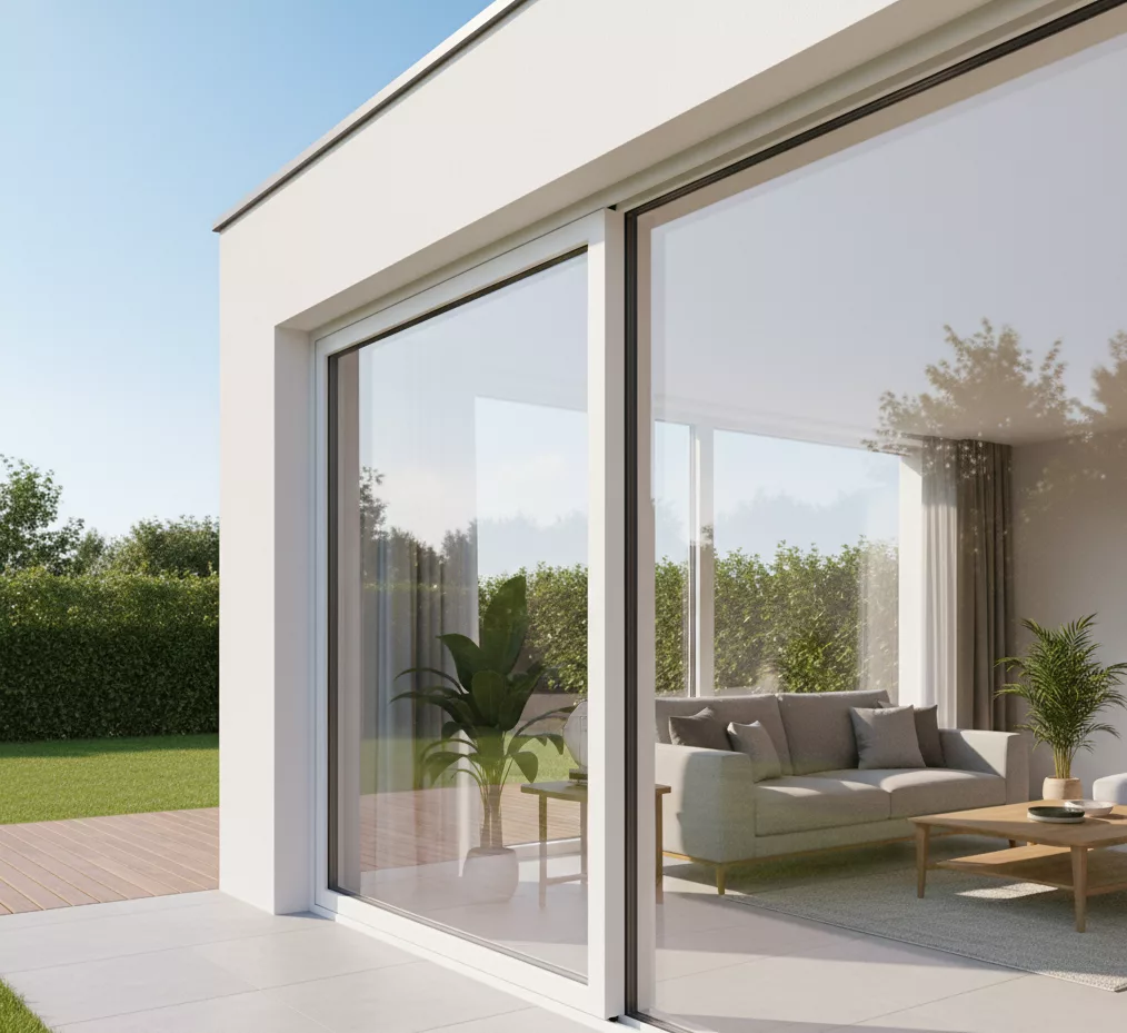 Fenêtre coulissante PVC moderne avec cadre blanc, installée dans une maison, isolante et esthétique
