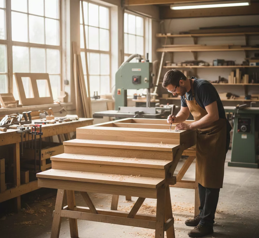 Escalier en bois massif en cours de fabrication dans un atelier de menuiserie artisanale avec menuisiers et outils traditionnels