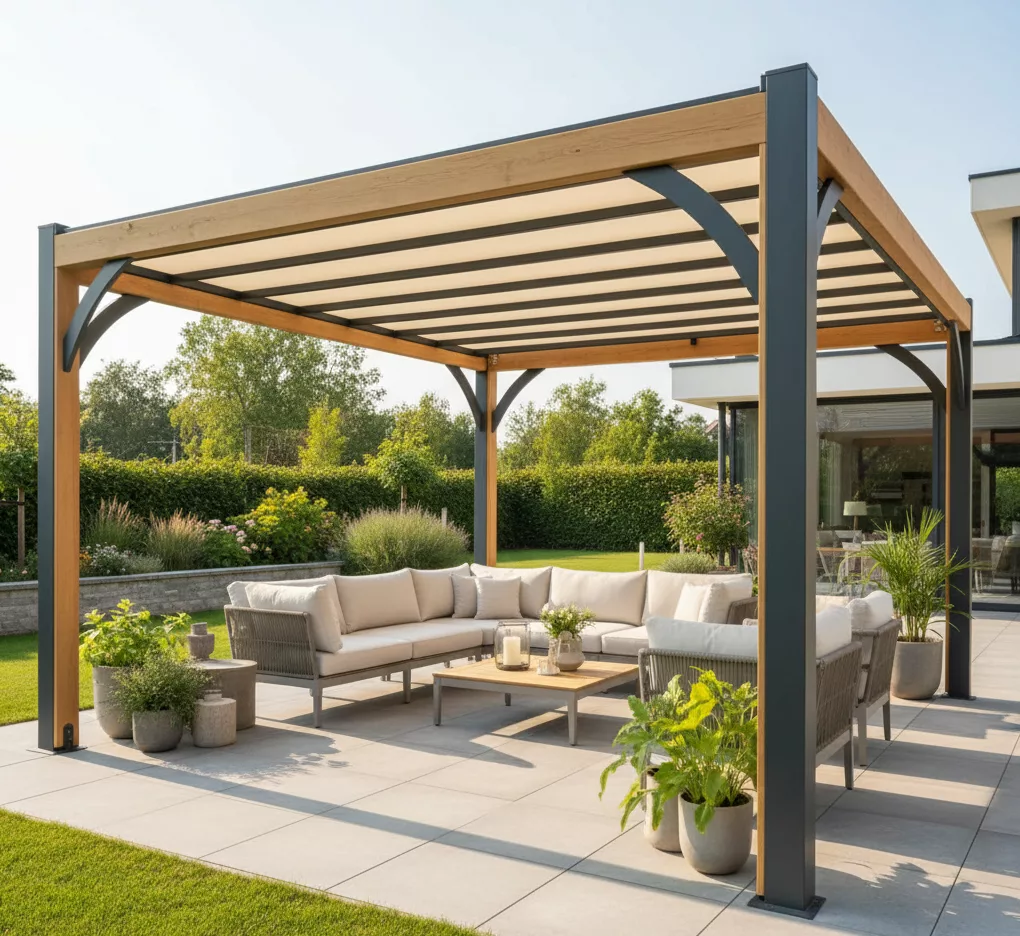 Pergola sur mesure en aluminium installée dans un jardin, design moderne et toit rétractable