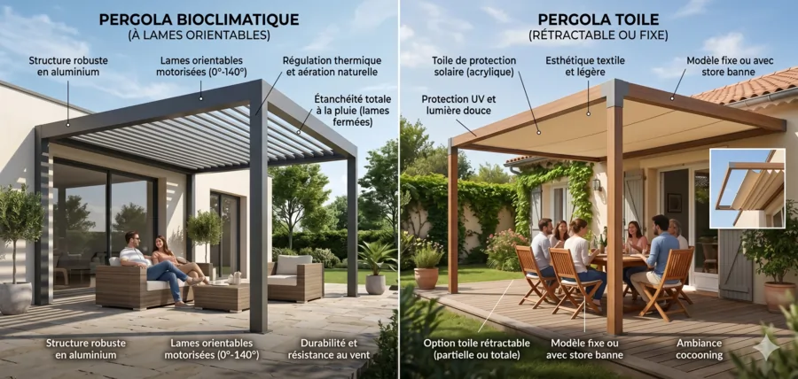 Comparatif visuel pergola bioclimatique versus pergola toile
