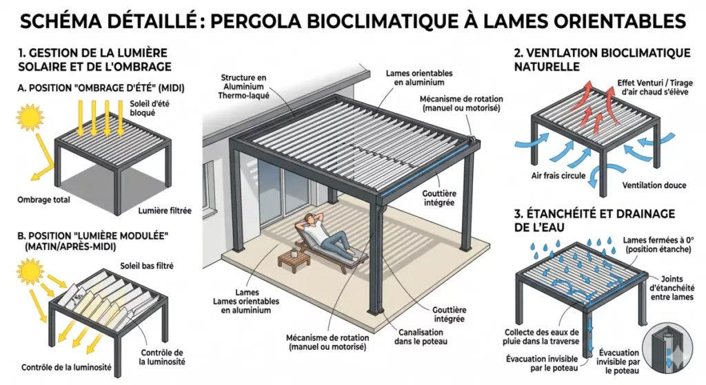 Schéma fonctionnement lames orientables pergola bioclimatique