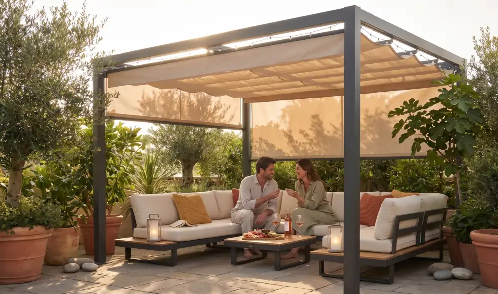 Pergola toile rétractable installée sur terrasse bois par MCH